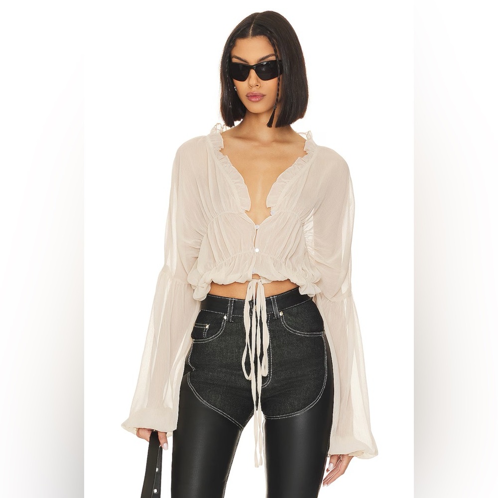 REVOLVE Cream Ruffle-Trim Tie-Front Peasant Blouse - Picture 2 of 4
